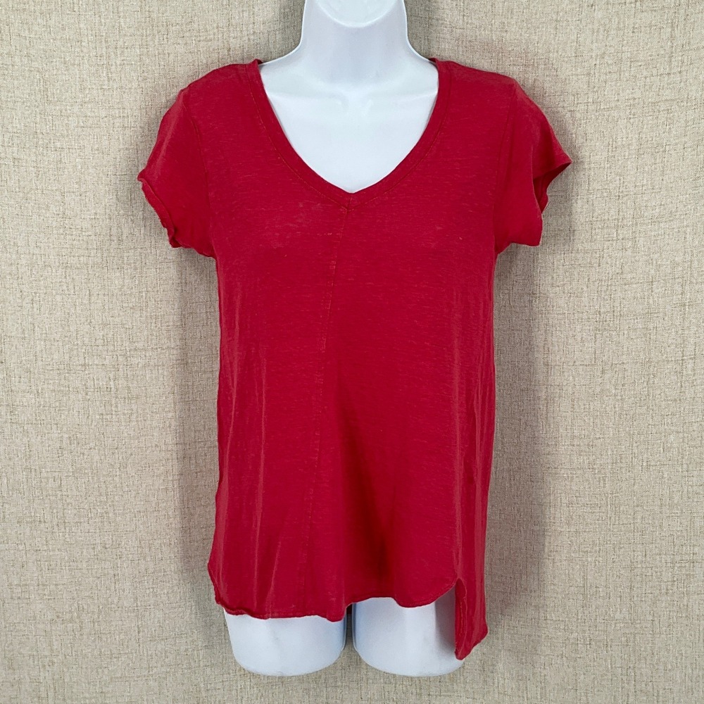 Tahari Top Women S Red 100% Linen V-Neck Asymmetrical Minimalist Coastal Airy